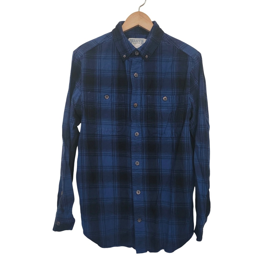 Duluth Trading Co Flannel Shirt Mens M Blue Plaid Slim Fit Long Sleeve Button Up